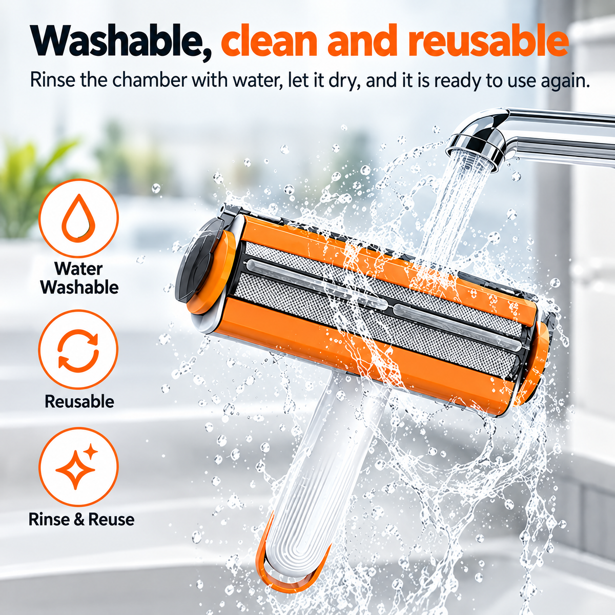Rinsing the washable, reusable Tuftly roller under water