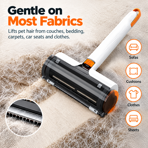Tuftly roller lifting pet hair from fabric, gentle on most fabrics