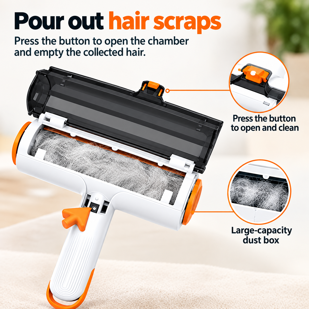 Opening the Tuftly roller chamber to empty collected hair